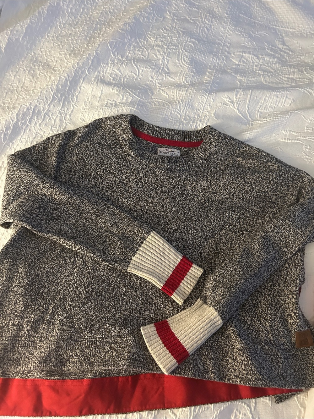Roots Women's Gray Marled Crewneck Sweater with Red and Cream Trim